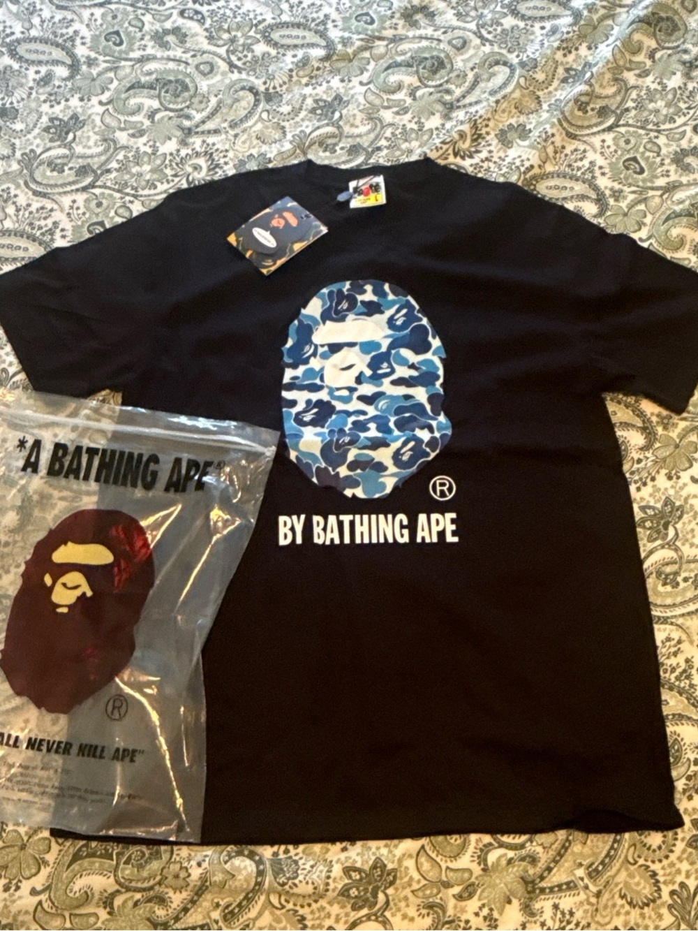 A Bathing Ape Black T-Shirt with Blue Camo Ape Logo